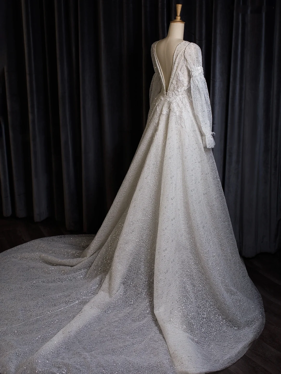 Robe de mariée vintage trapèze, col en V, manches longues, paillettes, blanche, longue, DH402