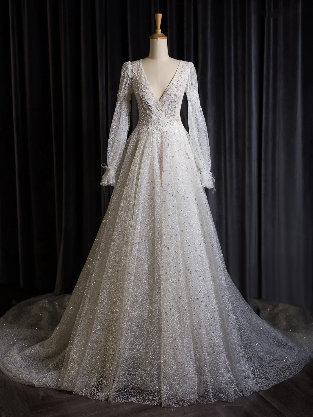Robe de mariée vintage trapèze, col en V, manches longues, paillettes, blanche, longue, DH402