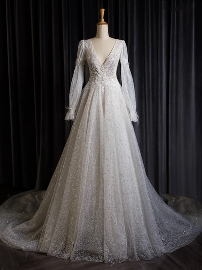 Robe de mariée vintage trapèze, col en V, manches longues, paillettes, blanche, longue, DH402