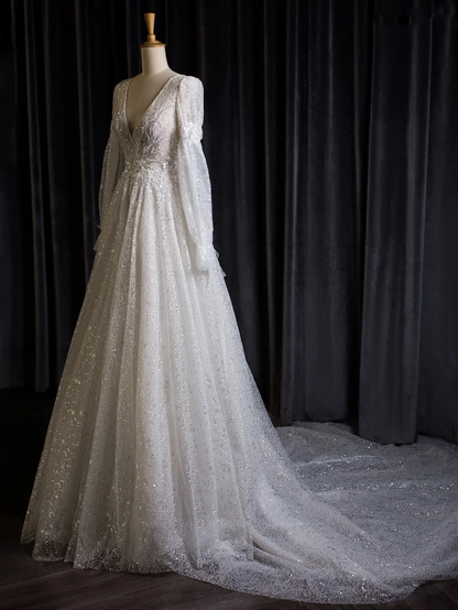 Robe de mariée vintage trapèze, col en V, manches longues, paillettes, blanche, longue, DH402