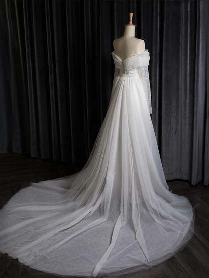 Robe de mariée vintage sirène épaules dénudées blanche manches longues paillettes longues robes de mariée robes de mariée robe de mariée DH403