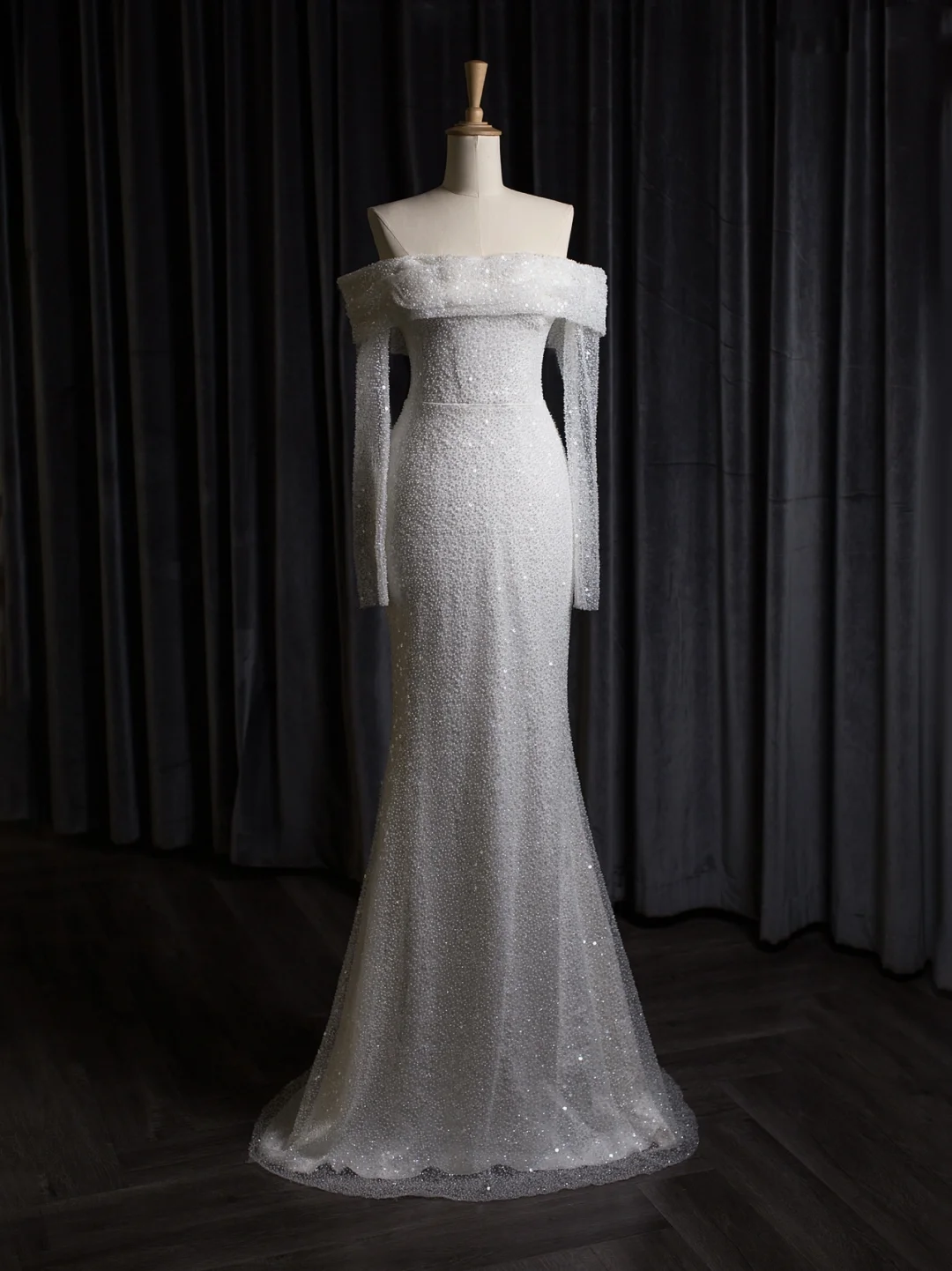Robe de mariée vintage sirène épaules dénudées blanche manches longues paillettes longues robes de mariée robes de mariée robe de mariée DH403