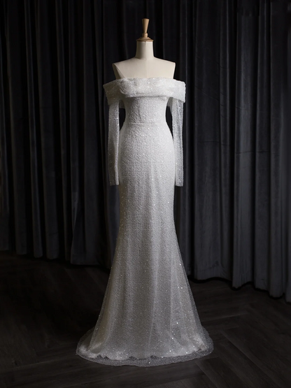 Robe de mariée vintage sirène épaules dénudées blanche manches longues paillettes longues robes de mariée robes de mariée robe de mariée DH403
