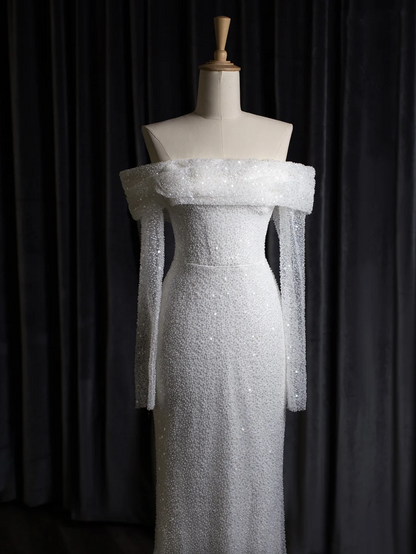 Robe de mariée vintage sirène épaules dénudées blanche manches longues paillettes longues robes de mariée robes de mariée robe de mariée DH403