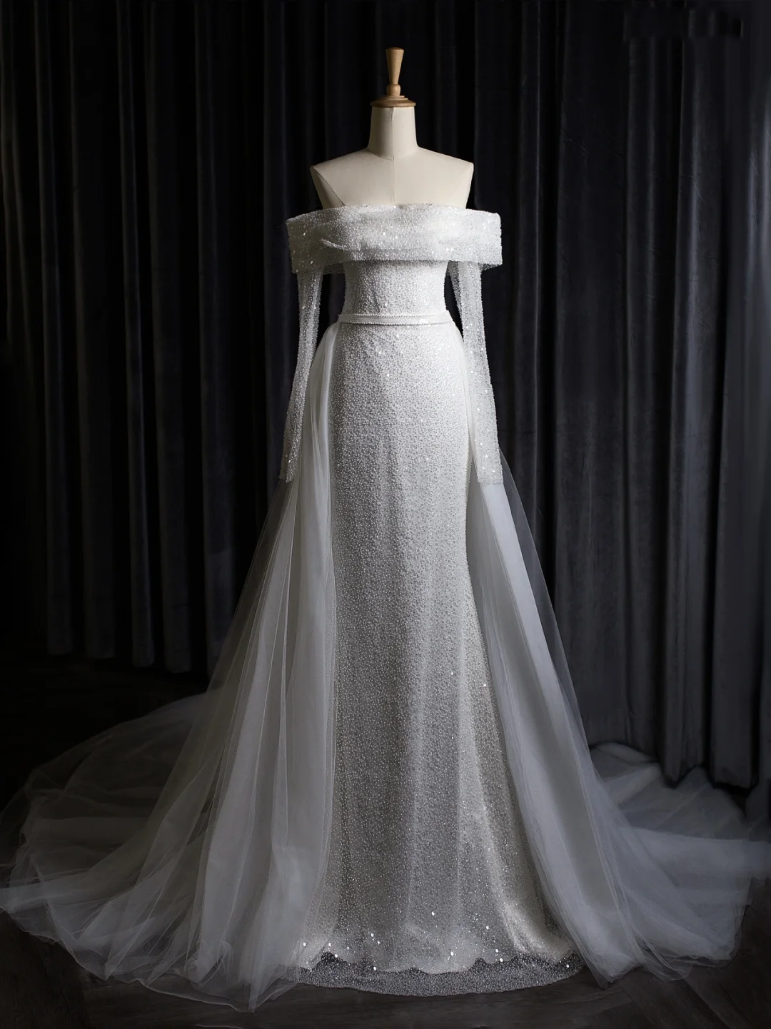 Robe de mariée vintage sirène épaules dénudées blanche manches longues paillettes longues robes de mariée robes de mariée robe de mariée DH403
