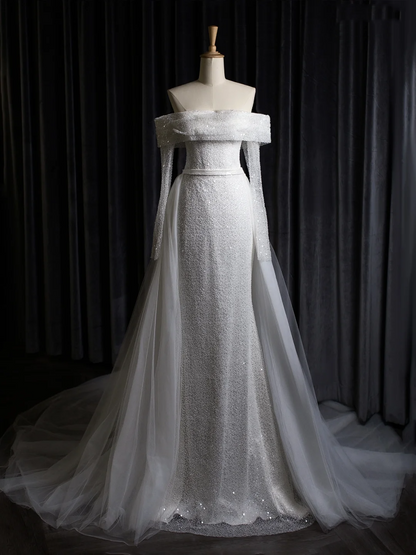 Robe de mariée vintage sirène épaules dénudées blanche manches longues paillettes longues robes de mariée robes de mariée robe de mariée DH403