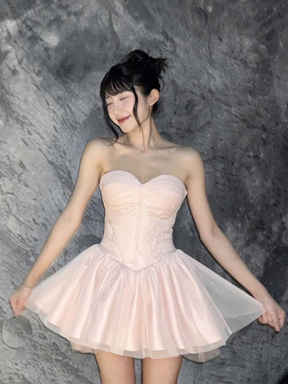 Cute Ball Gown Sweetheart Pink Lace Short Summer Homecoming Dress Hoco Dress Birthday Outfit 21st Birthday Mini Party Dresses DH415