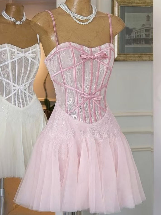 Trendy A Line Spaghetti Straps Lace Mini Short Formal 8th Grade Homecoming Dresses Summer Middle School Hoco Dress Homecoming Outfits DH437