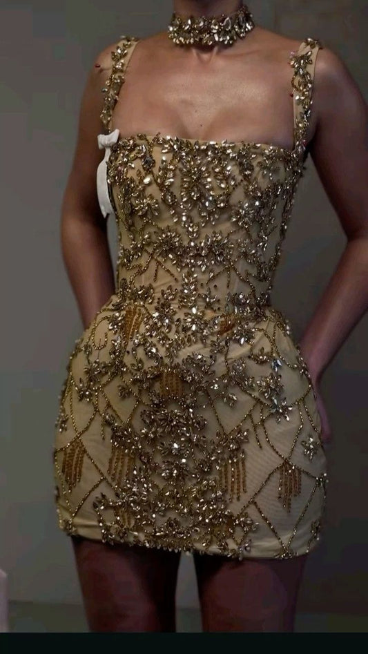 Jolie robe fourreau à col carré sans manches, courte et formelle, dorée, pour le bal de fin d'année, pour le collège, tenue d'été Hoco, DH444