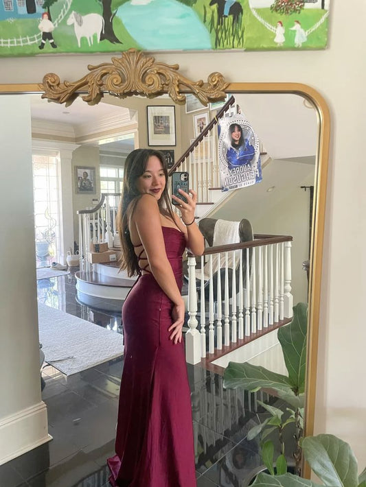 Elegant Mermaid Spaghetti Straps Burgundy Satin Long Prom Dresses Party Dress Summer 20th Birthday Outfits 18th Birthday Dresses DH473