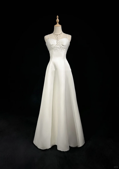 Robe de mariée vintage trapèze à bretelles spaghetti en satin blanc sans manches, longue, avec cape DH524