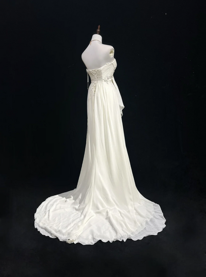 Robe de mariée vintage trapèze sans bretelles en mousseline de soie blanche, longue, sans manches, robe de plage, robe de mariée avec perles, DH540