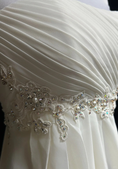Robe de mariée vintage trapèze sans bretelles en mousseline de soie blanche, longue, sans manches, robe de plage, robe de mariée avec perles, DH540