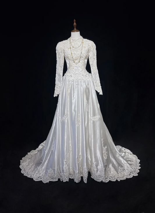 Retro Wedding Dress 1950s 1940s Ball Gown High Neck Lace White Long Sleeves Wedding Dresses Bridal Gowns Brides Gown DH544