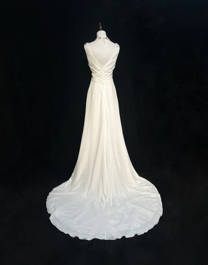 Vintage Wedding Dress 1950s 1940s A line V Neck Chiffon White Long Wedding Dresses Bridal Gowns Brides Gown DH546