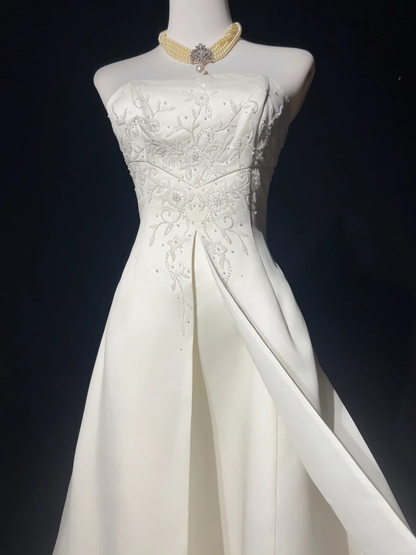 Retro Wedding Dress 1950s 1940s Ball Gown Strapless Satin Lace White Long Wedding Dresses Bridal Gowns Brides Gown DH550