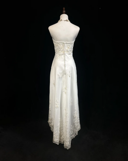 Vintage Wedding Dress 1970s High Low Strapless Lace White Long Wedding Dresses Bridal Gowns Elegant Brides Gown DH553