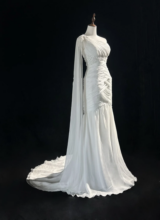 Retro-Brautkleid 1950er 1940er Meerjungfrau One-Shoulder-Chiffon-weißes langes Brautkleid Brautkleider Brautkleid DH554
