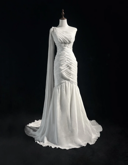 Retro-Brautkleid 1950er 1940er Meerjungfrau One-Shoulder-Chiffon-weißes langes Brautkleid Brautkleider Brautkleid DH554