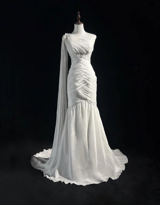Retro-Brautkleid 1950er 1940er Meerjungfrau One-Shoulder-Chiffon-weißes langes Brautkleid Brautkleider Brautkleid DH554
