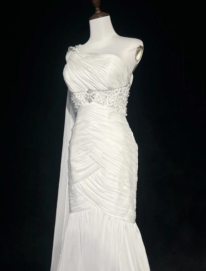 Retro-Brautkleid 1950er 1940er Meerjungfrau One-Shoulder-Chiffon-weißes langes Brautkleid Brautkleider Brautkleid DH554