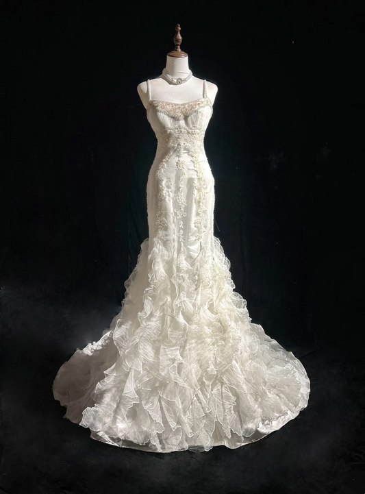 Retro-Brautkleid 1950er 1940er Meerjungfrau Spaghettiträger Tüll Lange Brautkleider Brautkleider Elegantes Brautkleid DH561