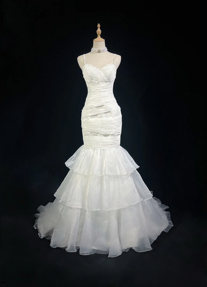 Retro-Brautkleid 1950er 1940er Meerjungfrau Spaghettiträger Weißer Tüll Lange Brautkleider Brautkleider Elegantes Brautkleid DH573