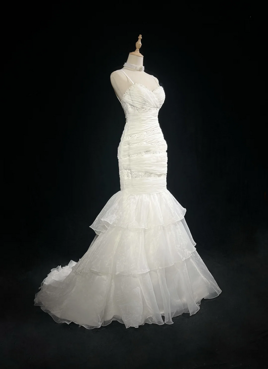 Retro-Brautkleid 1950er 1940er Meerjungfrau Spaghettiträger Weißer Tüll Lange Brautkleider Brautkleider Elegantes Brautkleid DH573