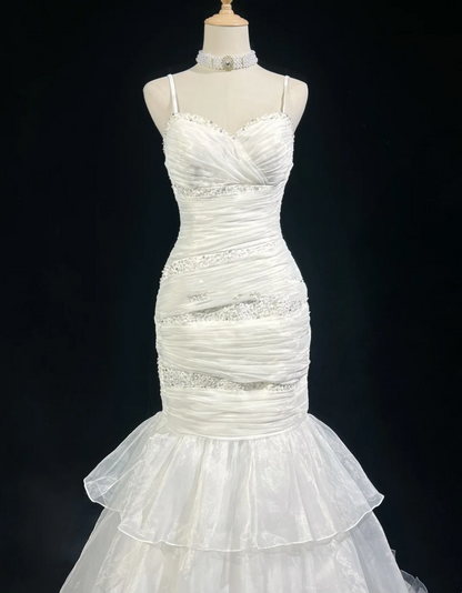 Retro-Brautkleid 1950er 1940er Meerjungfrau Spaghettiträger Weißer Tüll Lange Brautkleider Brautkleider Elegantes Brautkleid DH573