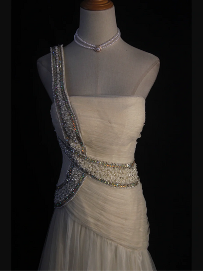 Retro-Brautkleid 1950er 1940er Meerjungfrau One-Shoulder-Weiß-Tüll Lange Brautkleider Brautkleider Elegante Bräute Kleid DH576