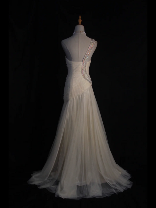Retro-Brautkleid 1950er 1940er Meerjungfrau One-Shoulder-Weiß-Tüll Lange Brautkleider Brautkleider Elegante Bräute Kleid DH576