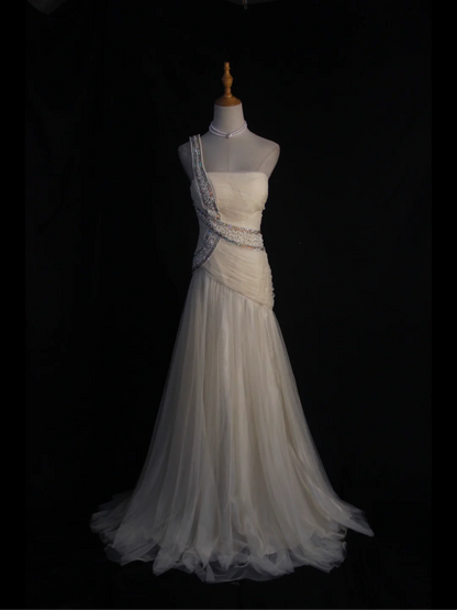 Retro-Brautkleid 1950er 1940er Meerjungfrau One-Shoulder-Weiß-Tüll Lange Brautkleider Brautkleider Elegante Bräute Kleid DH576