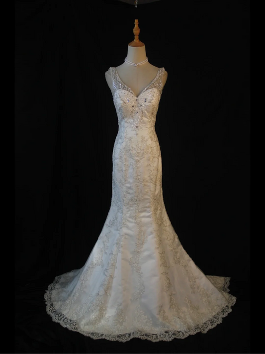 Vintage Wedding Dress 1970s Mermaid V Neck White Lace Long Wedding Dresses Bridal Gowns Elegant Brides Gown DH578