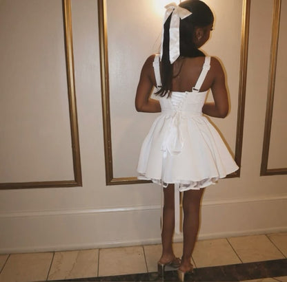 Cute A line Square Neck Sleeveless White Short Formal 8th Grade Homecoming Dresses Summer Middle School Hoco Dress Homecoming Outfits DH590