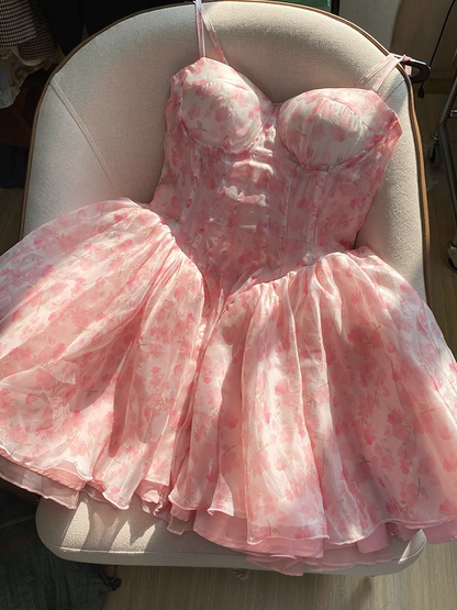 Cute Ball Gown Spaghetti Straps Floral Pink Short Homecoming Dress Summer Middle School Formal 8th Grade Hoco Dresses Summer Homecoming Outfits DH589