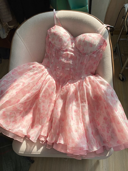 Cute Ball Gown Spaghetti Straps Floral Pink Short Homecoming Dress Summer Middle School Formal 8th Grade Hoco Dresses Summer Homecoming Outfits DH589