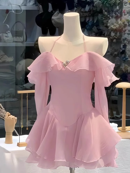 Simple A line Off The Shoulder Pink Chiffon Short Homecoming Dress Summer Hoco Dresses Mini Cocktail Dress DH617