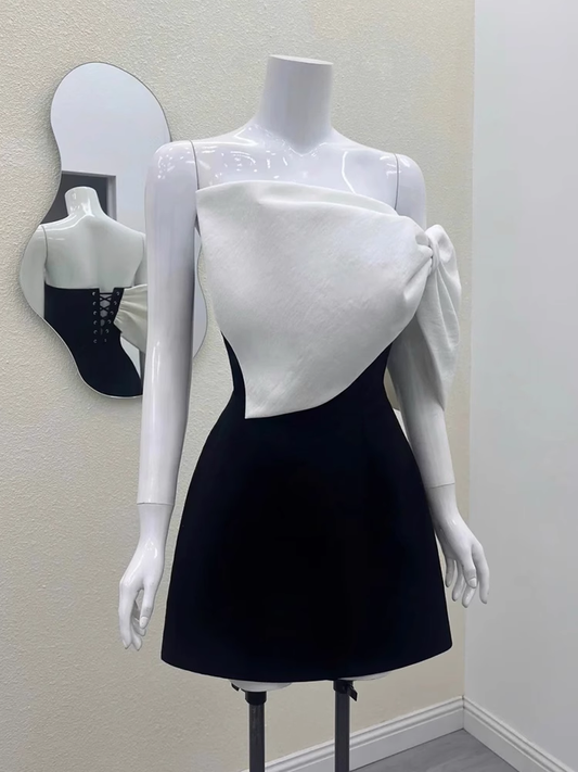 Cute A line Strapless Black Satin Mini Short Formal 8th Grade Homecoming Dresses Summer Middle School Hoco Dress Homecoming Outfits Birthday Dress DH632