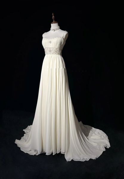 Robe de mariée vintage des années 1960, coupe trapèze, bretelles spaghetti, mousseline blanche, longue, élégante, DH652