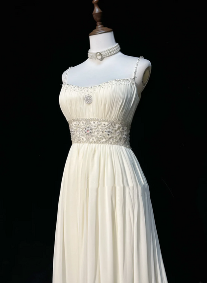 Robe de mariée vintage des années 1960, coupe trapèze, bretelles spaghetti, mousseline blanche, longue, élégante, DH652