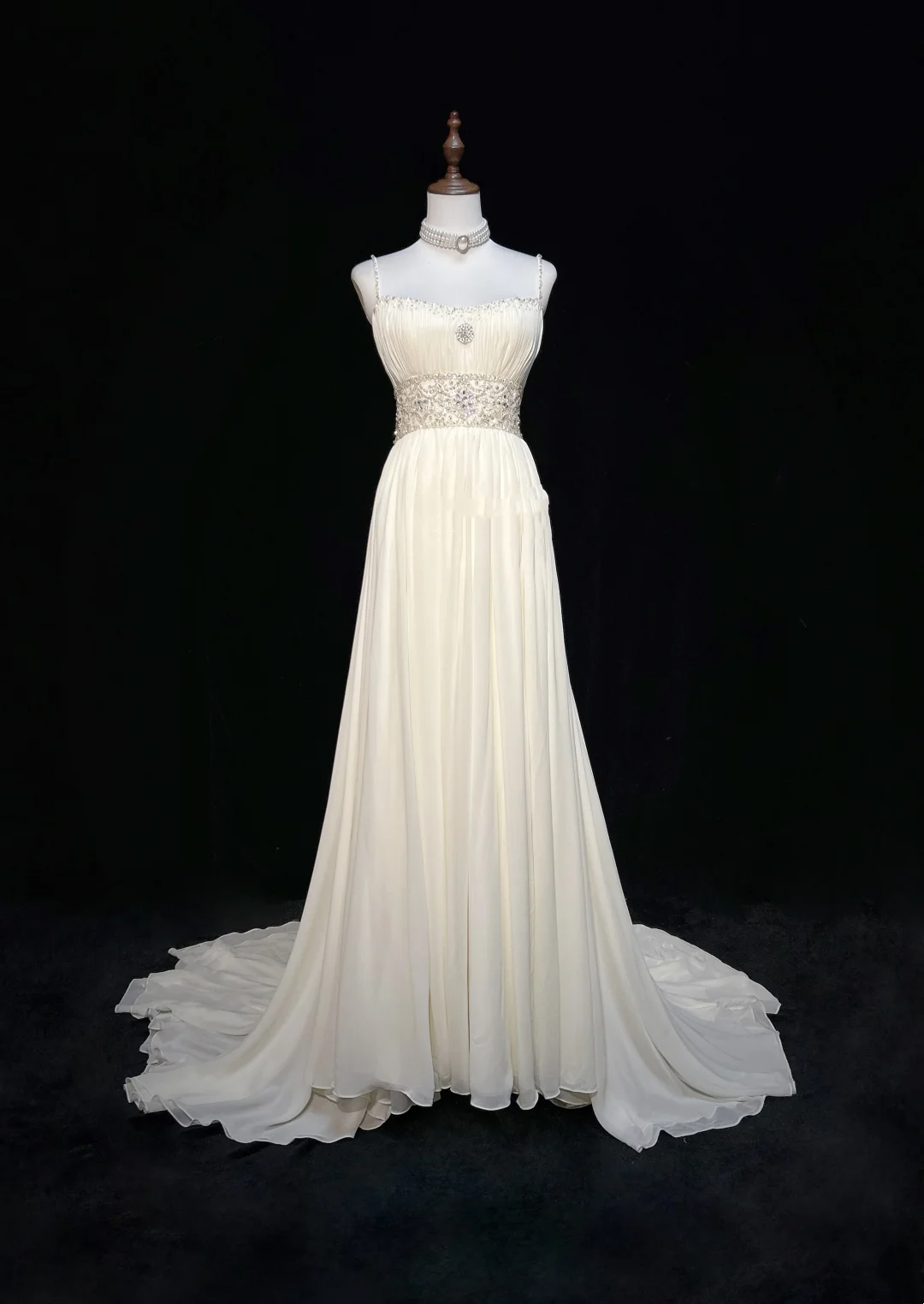 Robe de mariée vintage des années 1960, coupe trapèze, bretelles spaghetti, mousseline blanche, longue, élégante, DH652