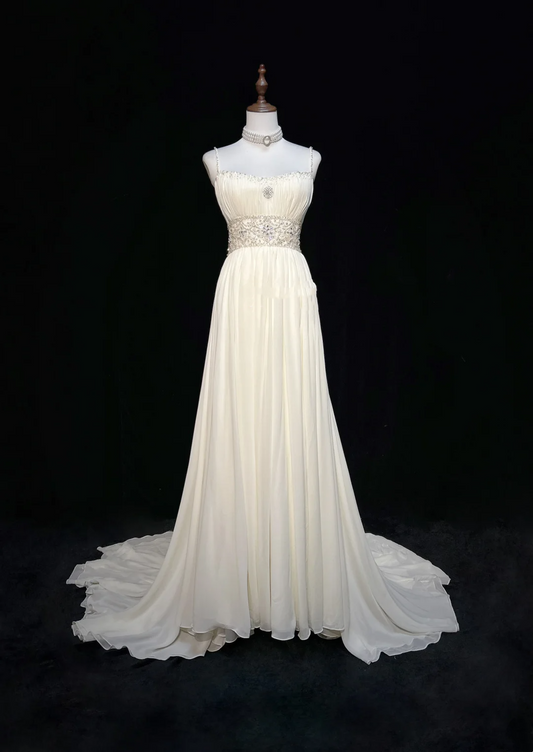 Robe de mariée vintage des années 1960, coupe trapèze, bretelles spaghetti, mousseline blanche, longue, élégante, DH652