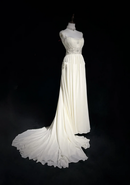 Robe de mariée vintage des années 1960, coupe trapèze, bretelles spaghetti, mousseline blanche, longue, élégante, DH652