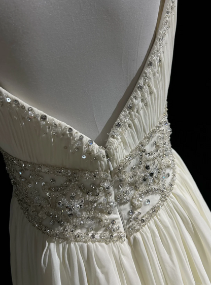 Robe de mariée vintage des années 1960, coupe trapèze, bretelles spaghetti, mousseline blanche, longue, élégante, DH652