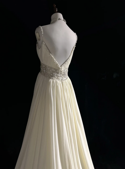 Robe de mariée vintage des années 1960, coupe trapèze, bretelles spaghetti, mousseline blanche, longue, élégante, DH652