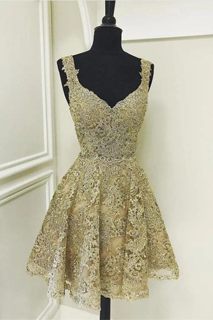 Pretty Ball Gown Sweetheart Gold Lace Short Formal 8th Grade Homecoming Dresses Summer Middle School Hoco Dress Homecoming Outfits DH653