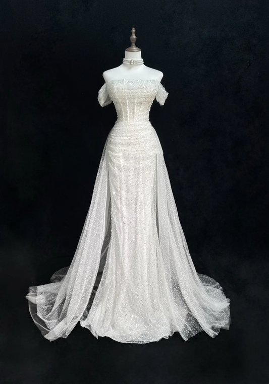 Vintage Bridal Gown 1960s Mermaid Off The Shoulder Sequin Long White Wedding Dresses Elegant Bridal Gowns DH656