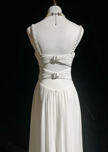 Moderne A-Linie Träger Silber Perlen Chiffon Langes weißes rückenfreies Brautkleid Elegante Brautkleider DH657