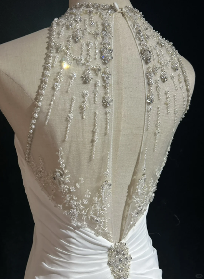 Robe de mariée vintage des années 1960, coupe trapèze, col bijou, mousseline, longue, blanche, élégante, DH658