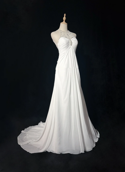 Robe de mariée vintage des années 1960, coupe trapèze, col bijou, mousseline, longue, blanche, élégante, DH658